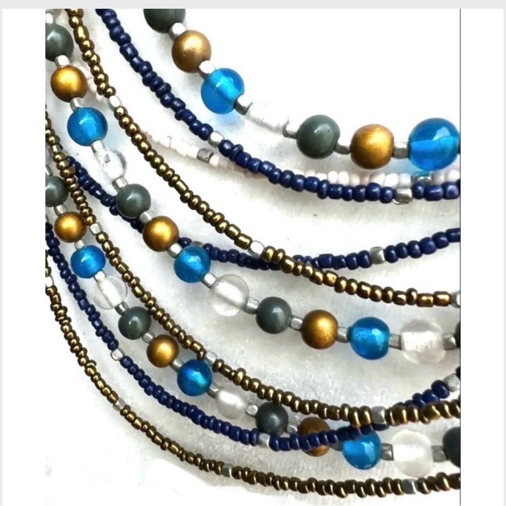 Vintage Egypt-Inspired Statement Necklace | Layered Turquoise Navy Gold Beads - Picture 4 of 12